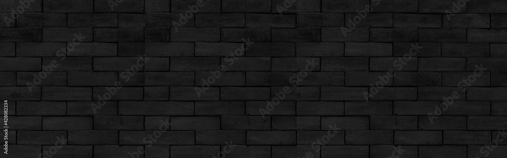 Panorama of Vintage black brick tile wall pattern and background seamless