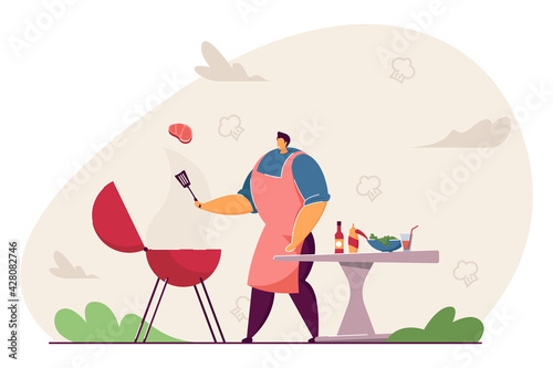 Cartoon man cooking meat steak, doing BBQ outdoor. Flat vector illustration. Person frying or grilling shashlik or square. Food, cooking, picnic concept for banner design or landing page