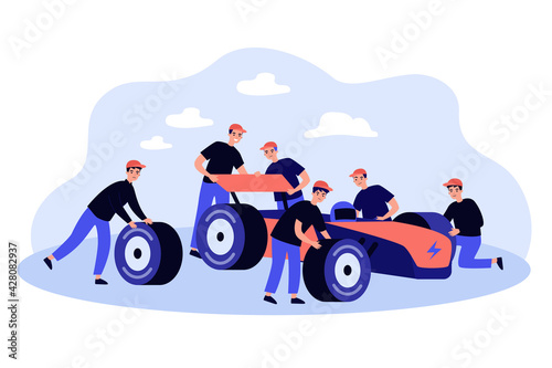 Maintenance team repairing car on pit stop. Mechanics in uniform fixing vehicle flat vector illustration. Formula racing, maintenance, repair concept for banner, website design or landing web page