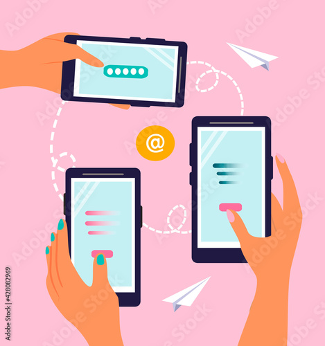 vector illustration on the theme of online communication. hands holding smartphones. correspondence in messengers, e-mail. trend illustration in flat style