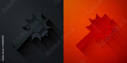 Paper cut Hammer icon isolated on black and red background. Tool for repair. Paper art style. Vector