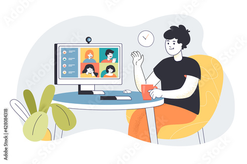 Man having videoconference with colleagues or friends. Group virtual meeting flat vector illustration. Remote work, technology, communication concept for banner, website design or landing web page