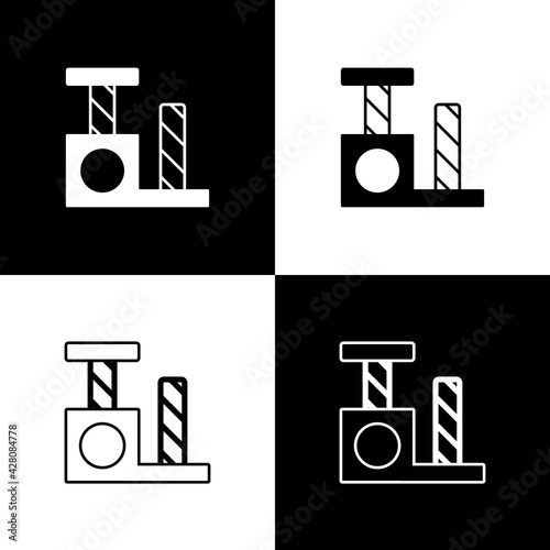 Set Cat scratching post with toy icon isolated on black and white background. Vector
