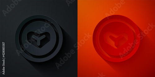 Paper cut Steak meat on a plate icon isolated on black and red background. Cutlery symbol. Restaurant sign. Paper art style. Vector