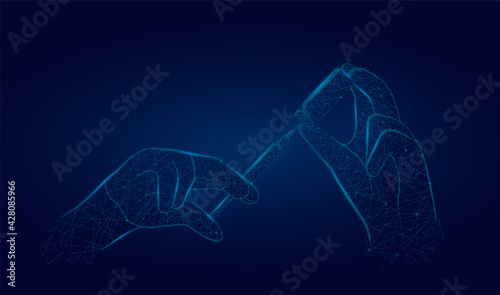 Vaccination low poly wireframe vector. hand holds syringe and bottle with vaccine.