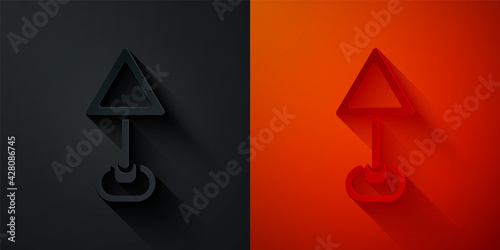 Paper cut Triangle warning blank icon isolated on black and red background. Traffic rules and safe driving. Paper art style. Vector