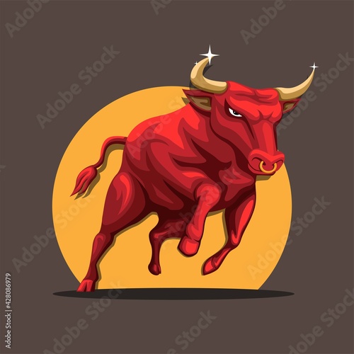 Red Buffalo running. Mascot Symbol for Matador or Taurus Zodiac concept in cartoon illustration vector