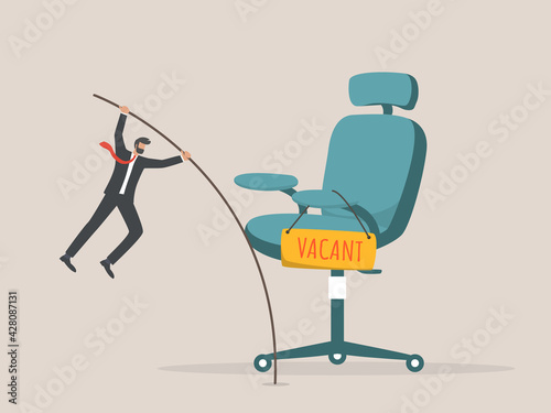 Candidate search for jobs. vacancy. ambitious businessman worker jump pole to management office chair