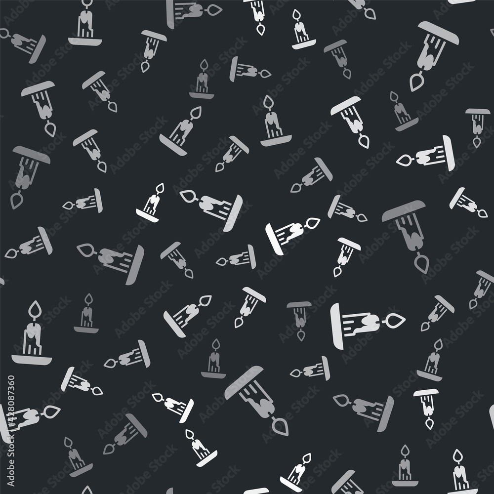 Grey Burning candle icon isolated seamless pattern on black background. Cylindrical candle stick with burning flame. Vector Grey Burning candle icon isolated seamless pattern on black background. Cylindrical candle stick with burning flame. Vector