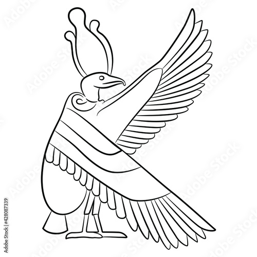 Ancient Egyptian goddess Nekhbet as vulture bird. Black and white linear silhouette. Isolated vector illustration. photo