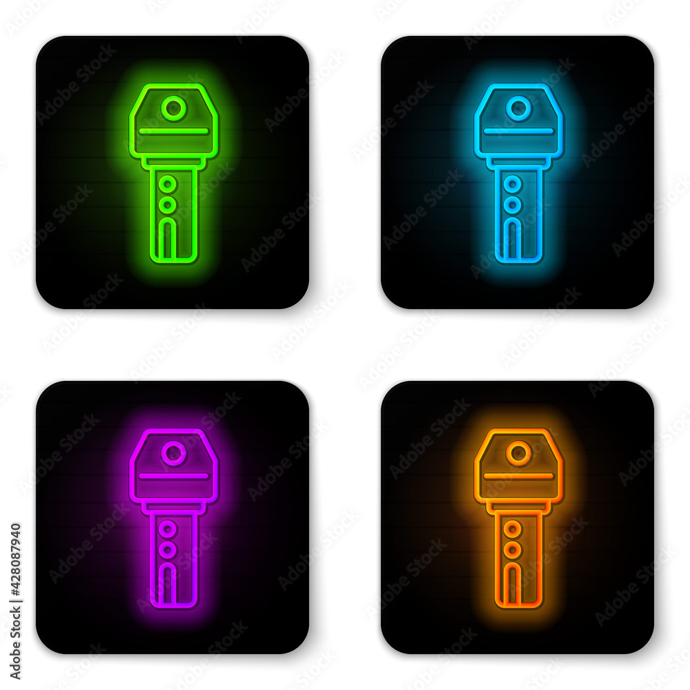 Glowing neon line Car key with remote icon isolated on white background. Car key and alarm system. Black square button. Vector Glowing neon line Car key with remote icon isolated on white background. Car key and alarm system. Black square button. Vector