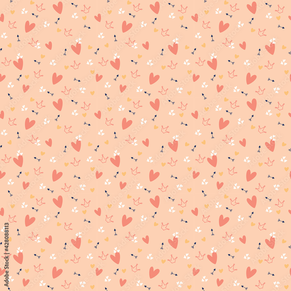 Pink heart, crown, Archer on orange background. Designed for use as pattern, fabric, gift, banner and more. Vector illustration. Pink heart, crown, Archer on orange background. Designed for use as pattern, fabric, gift, banner and more. Vector illustration.