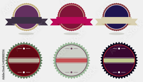 Colorful badge label set in colors like drak red, grey, green, violet, blue and pink