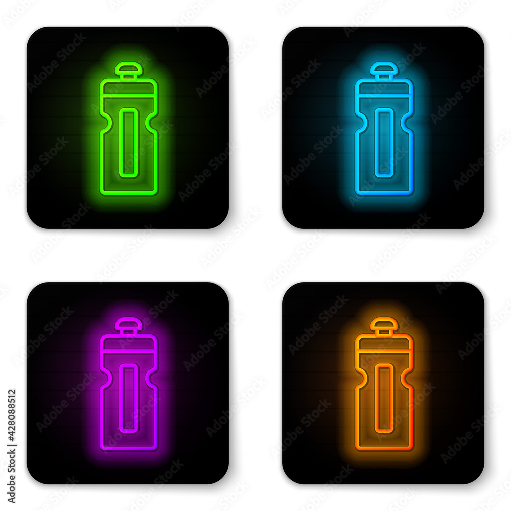 Glowing neon line Fitness shaker icon isolated on white background. Sports shaker bottle with lid for water and protein cocktails. Black square button. Vector Glowing neon line Fitness shaker icon isolated on white background. Sports shaker bottle with lid for water and protein cocktails. Black square button. Vector