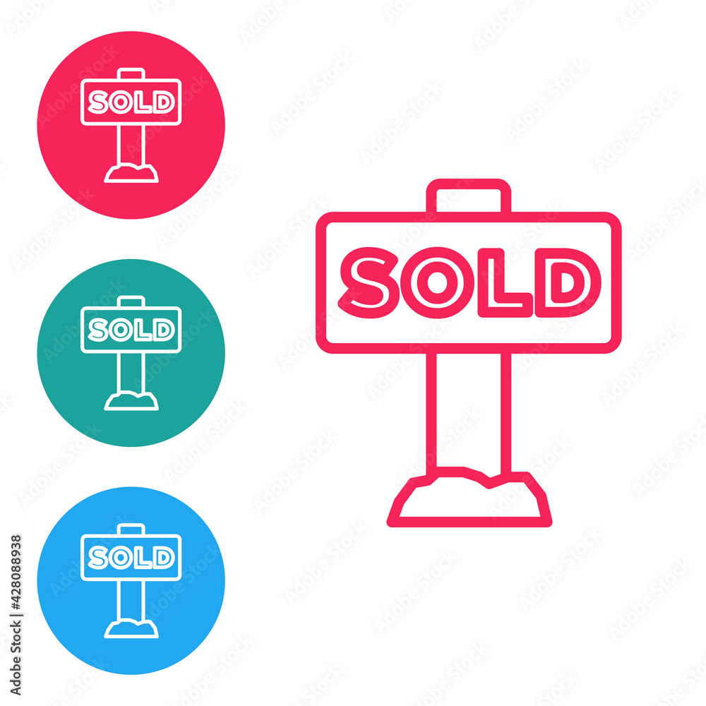 Red line Hanging sign with text Sold icon isolated on white background. Sold sticker. Sold signboard. Set icons in circle buttons. Vector