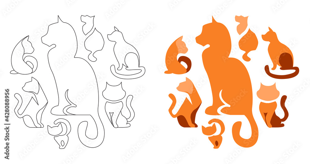 Fototapeta premium Stylized black and white and colored cats. Black lines, contour style. Illustration can be used for coloring books.