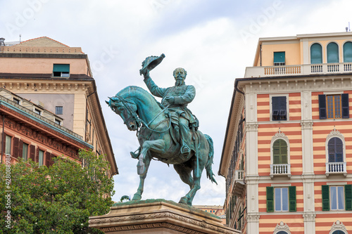 Genoa, Italy. Equestrian statue of 1886. Monument to Victor Emmanuel II (1820-1878) became the first king of a united Italy photo