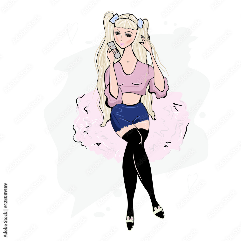 Fashionable girl with long hair in shorts. Vector illustration. Fashionable girl with long hair in shorts. Vector illustration.