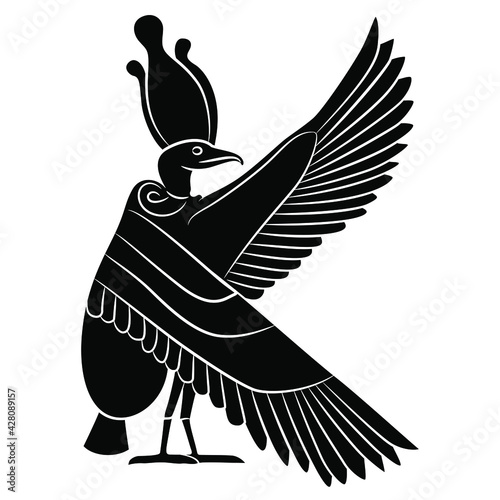 Ancient Egyptian goddess Nekhbet as vulture bird. Black and white silhouette. Isolated vector illustration.