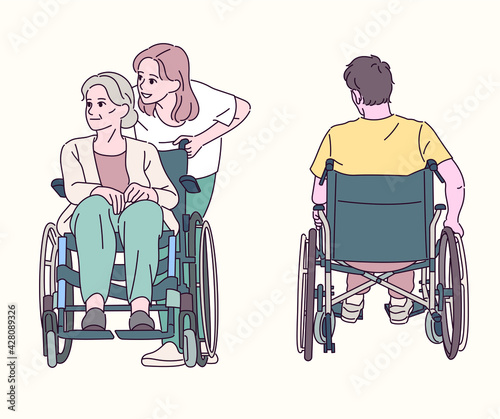 A grandmother in a wheelchair and a granddaughter helping her. The back view of a man in a wheelchair. hand drawn style vector design illustrations. 