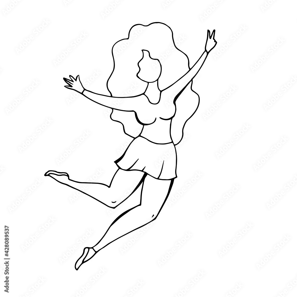The girl is jumping, dancing. Sports activities, healthy lifestyle. Vector linear illustration.