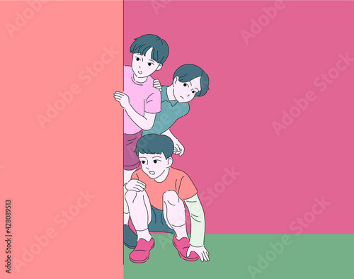 Three children are hiding behind the alley and watching. hand drawn style vector design illustrations. 