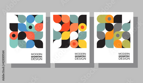 Retro geometric graphic design covers. Cool Bauhaus style compositions. For social media, cards, posters, marketing. Eps10 vector.