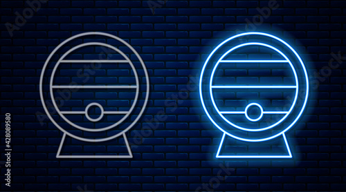Glowing neon line Wooden barrel on rack with stopcock icon isolated on brick wall background. Vector