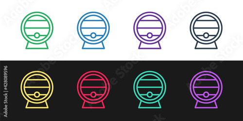 Set line Wooden barrel on rack with stopcock icon isolated on black and white background. Vector
