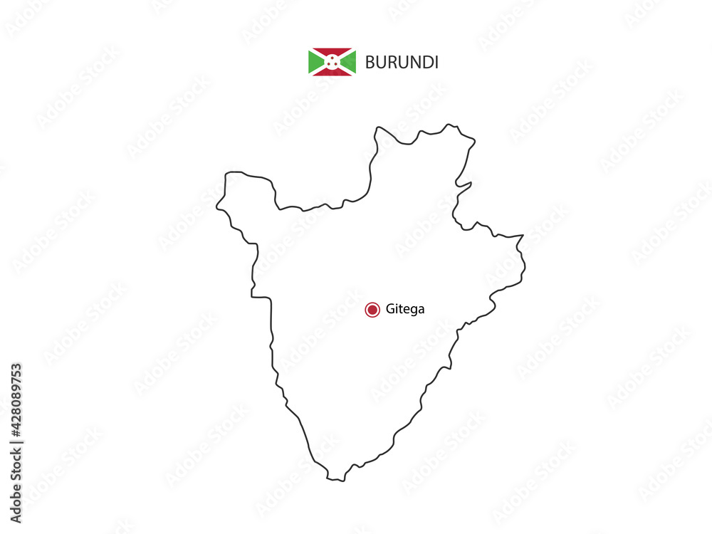 Hand draw thin black line vector of Burundi Map with capital city Gitega on white background.