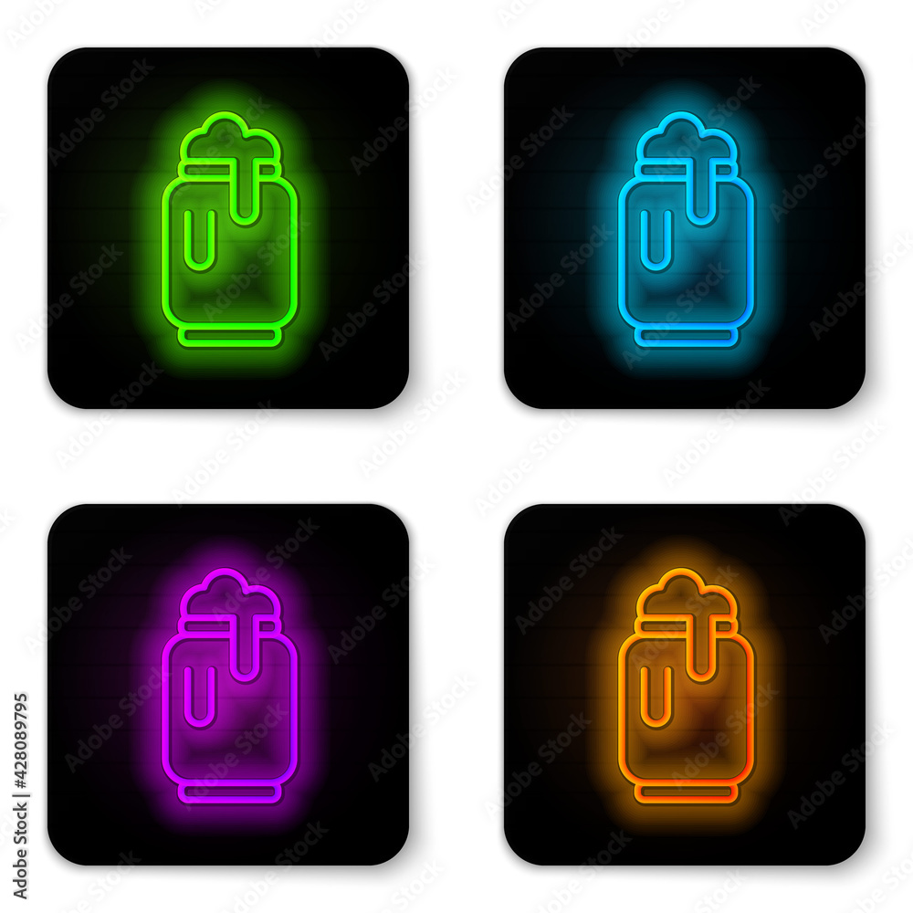 Glowing neon line Beer can with foam icon isolated on white background. Black square button. Vector Glowing neon line Beer can with foam icon isolated on white background. Black square button. Vector