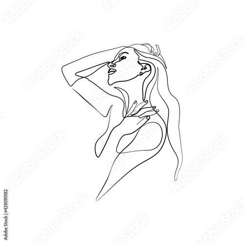 Continuous line drawing, woman abstract portrait, face of the girl is a single line on a white background, Vector illustration. Tattoo, print and logo design for a spa or beauty salon.