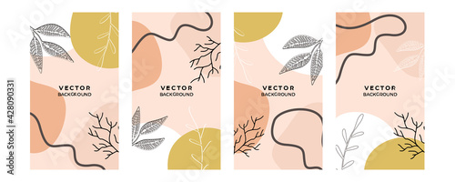 Set of abstract floral foliage art line backgrounds and wave background for instagram post stories. Vector trendy minimal templates in boho style with copy space for text