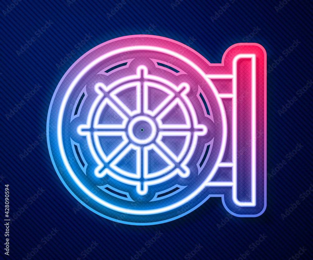 Glowing neon line Dharma wheel icon isolated on blue background. Buddhism religion sign. Dharmachakra symbol. Vector