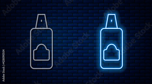 Glowing neon line Spray can for hairspray, deodorant, antiperspirant icon isolated on brick wall background. Vector