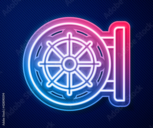 Glowing neon line Dharma wheel icon isolated on blue background. Buddhism religion sign. Dharmachakra symbol. Vector
