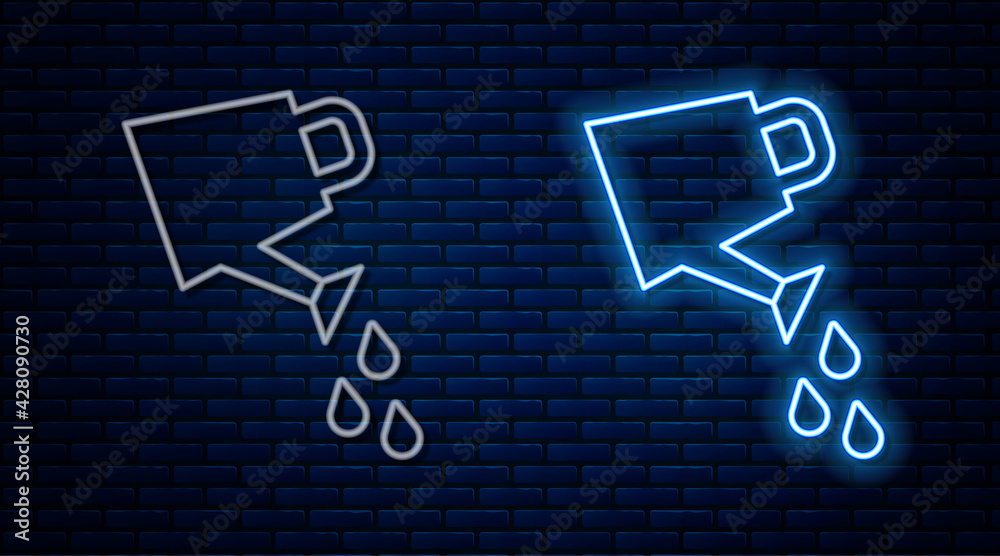 Glowing neon line Watering can icon isolated on brick wall background. Irrigation symbol. Vector Glowing neon line Watering can icon isolated on brick wall background. Irrigation symbol. Vector