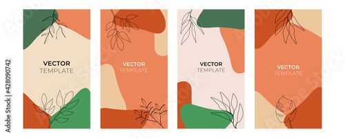Abstract organic vector banner template with wave background in brown beige green pink white. Minimal background in boho style with copy space for text. Suit for social media post template and story. 