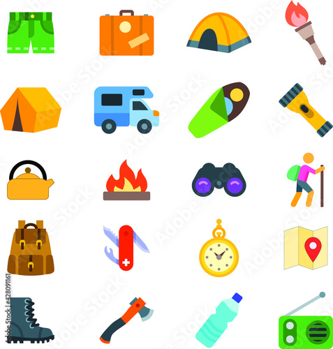 Fototapeta Naklejka Na Ścianę i Meble -  Camp icon set with pant, briefcase, camp tent, torch lamp, caravan, truck, sleep bag, torch, kettle, camp fire, binocular, bag pack, time watch, location, map, boots, axle, water bottle, radio