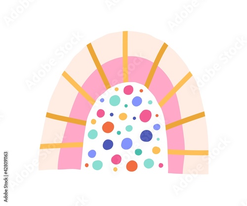 Cute funny rainbow with magic colorful rain isolated on white background. Swe...