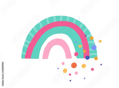 Cute funny rainbow with magic colorful rain isolated on white background. Sweet children's drawing of abstract bright arc. Childish doodle flat vector illustration in Scandinavian style