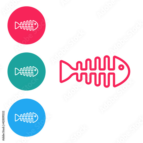 Red line Fish skeleton icon isolated on white background. Fish bone sign. Set icons in circle buttons. Vector