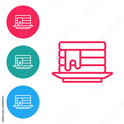Red line Stack of pancakes with honey icon isolated on white background. Breakfast concept. Set icons in circle buttons. Vector