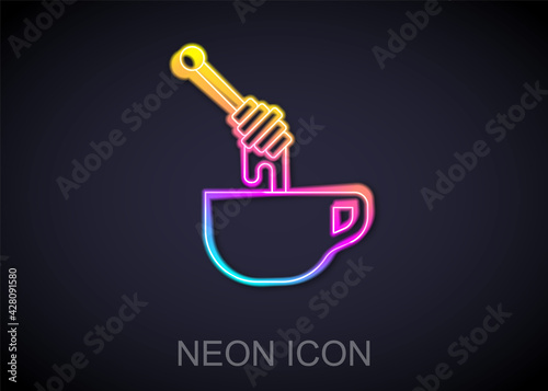 Glowing neon line Honey dipper stick with dripping honey icon isolated on black background. Honey ladle. Vector