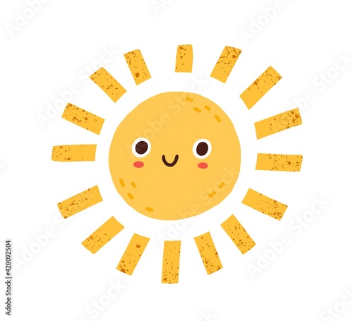 Cute happy summer sun character with funny smiling face. Childish drawing in Scandinavian style. Sunny weather doodle icon. Colored flat graphic vector illustration isolated on white background