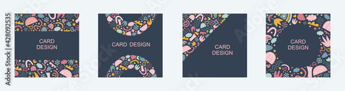 Scandinavian cards set , flyer template with hand drawn abstract shapes on dark blue background. Trendy graphic design of vector frames, borders with copy space	