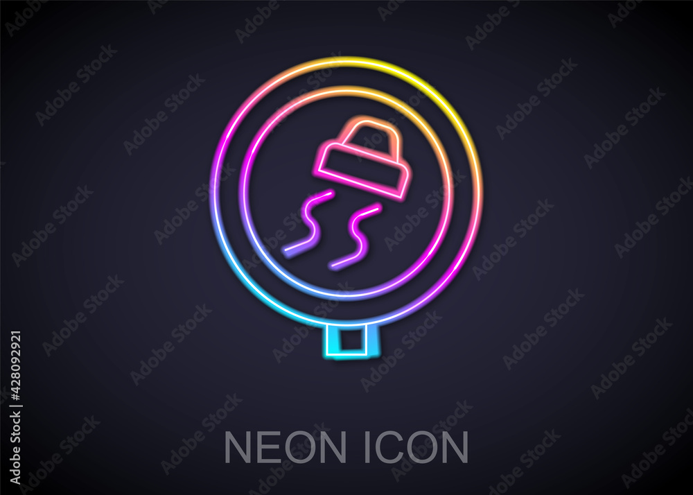 Glowing neon line Slippery road traffic warning icon isolated on black background. Traffic rules and safe driving. Vector Glowing neon line Slippery road traffic warning icon isolated on black background. Traffic rules and safe driving. Vector