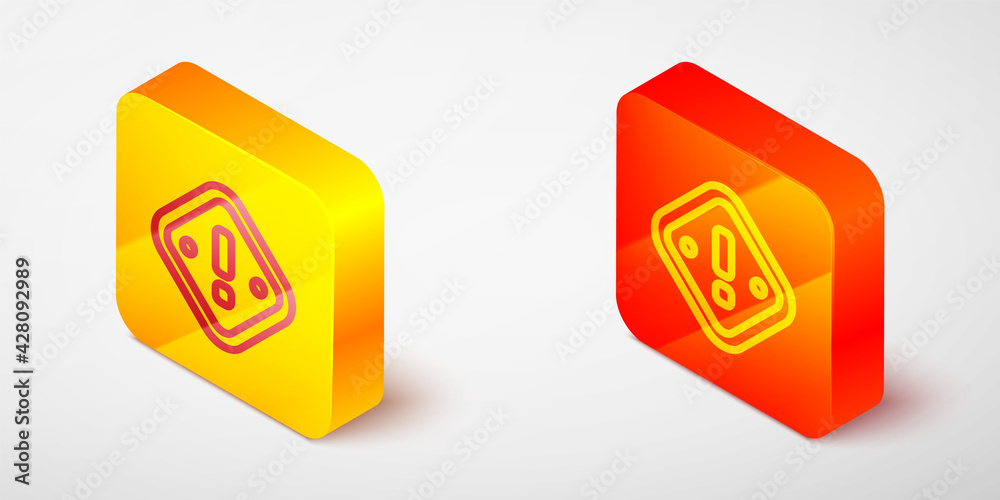 Isometric line Exclamation mark in triangle icon isolated on grey background. Hazard warning sign, careful, attention, danger warning important sign. Yellow and orange square button. Vector Isometric line Exclamation mark in triangle icon isolated on grey background. Hazard warning sign, careful, attention, danger warning important sign. Yellow and orange square button. Vector