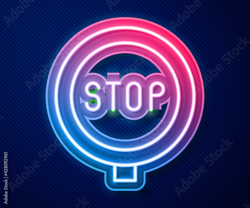 Glowing neon line Stop sign icon isolated on blue background. Traffic regulatory warning stop symbol. Vector