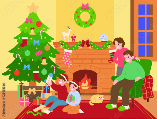 Fototapeta Naklejka Na Ścianę i Meble -  Christmas families are sitting in front of the fireplace and children unpacking presents.  hand drawn style vector design illustrations. 